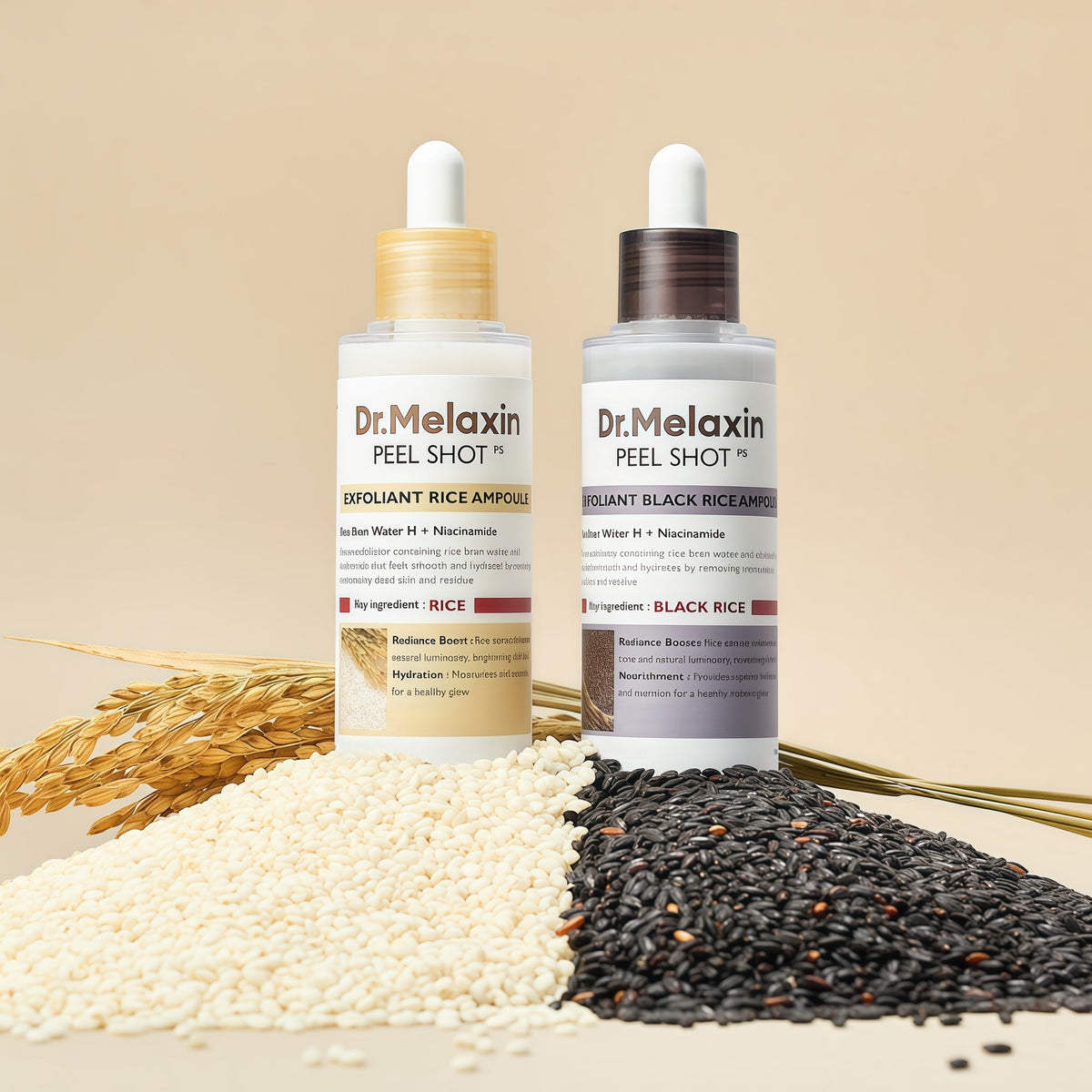Dr. Melaxin Peel Shot Glow Rice Peeling Ampoule 80ml 2-Pack Bundle (Black Rice & White Rice) Daily Soft Exfoliating Face and Body Scrub Dead Skin Cells Blackhead Remover for All Skin Types