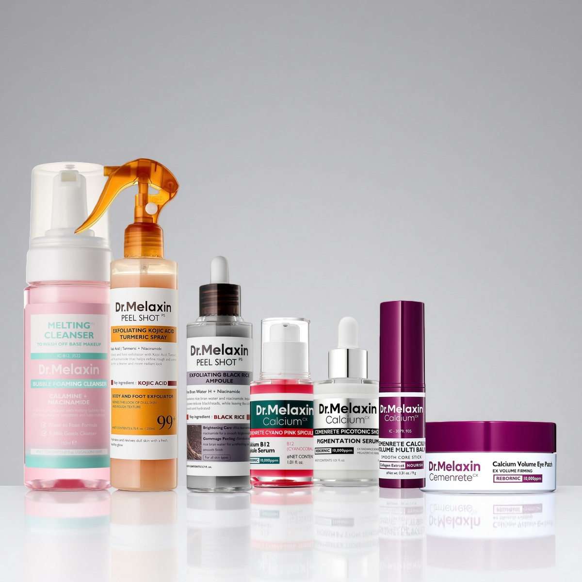Dr. Melaxin 7-Piece Ultimate Skincare Bundle – Complete K-Beauty Routine with Melting Cleanser, Peel Shot Exfoliators, Calcium Spicule Serum & Eye Care – Anti-Aging, Pore Refining & Brightening for Face & Neck
