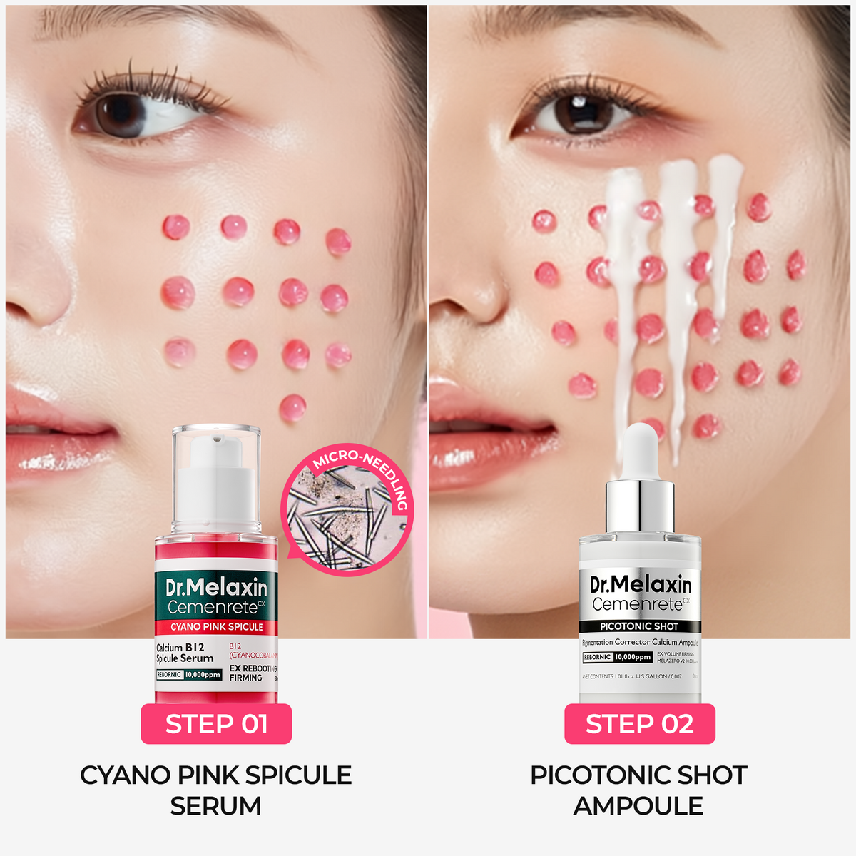 Dr. Melaxin Cemenrete Serum Duo Set 2-Pack Bundle (Cyano Pink Spicule Serum w/ Calcium + Picotonic Shot Calcium Serum) Firming, Pore Tightening, Collagen & Dark Spot Care, 1.01 fl oz Each