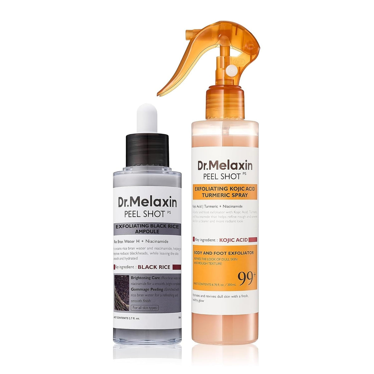 Dr.Melaxin body & face peel shot duo glow black rice peeling ampoule kojic acid & turmeric spray