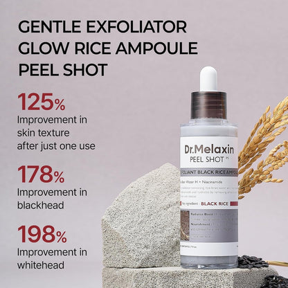 Dr.Melaxin Peel Shot Glow Rice Ampoule Duo (White + Black) & Kojic Acid Spray Set – Exfoliating & Brightening Skincare Kit for Smooth Texture, Dark Spot Care & Radiant Skin