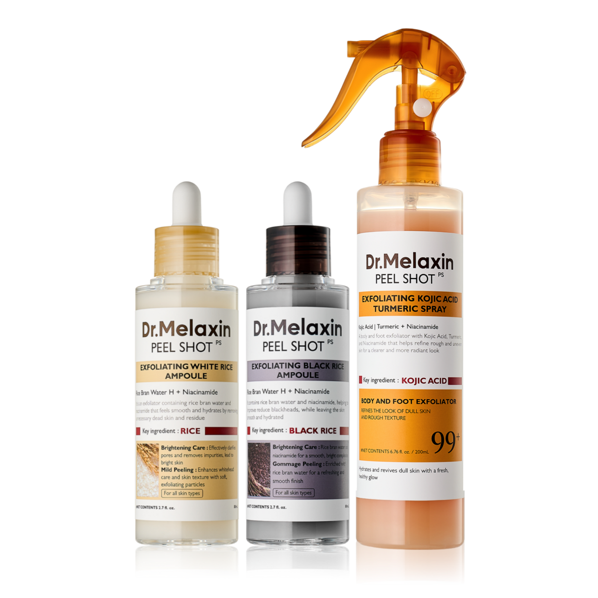 Dr.Melaxin Peel Shot Glow Rice Ampoule Duo (White + Black) & Kojic Acid Spray Set – Exfoliating & Brightening Skincare Kit for Smooth Texture, Dark Spot Care & Radiant Skin