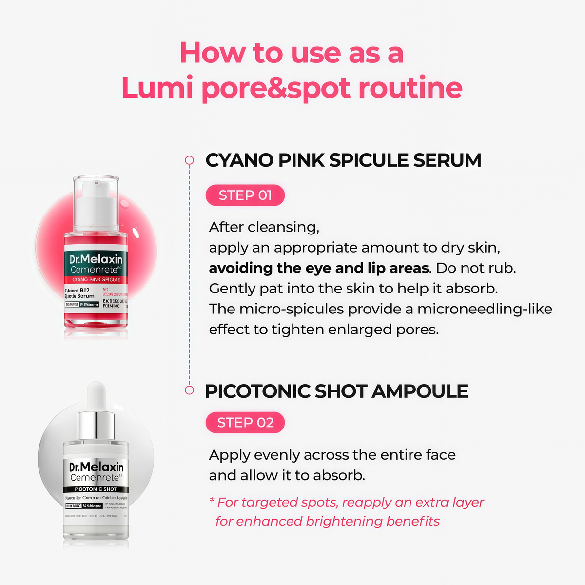 Dr. Melaxin Cemenrete Serum Duo Set 2-Pack Bundle (Cyano Pink Spicule Serum w/ Calcium + Picotonic Shot Calcium Serum) Firming, Pore Tightening, Collagen & Dark Spot Care, 1.01 fl oz Each